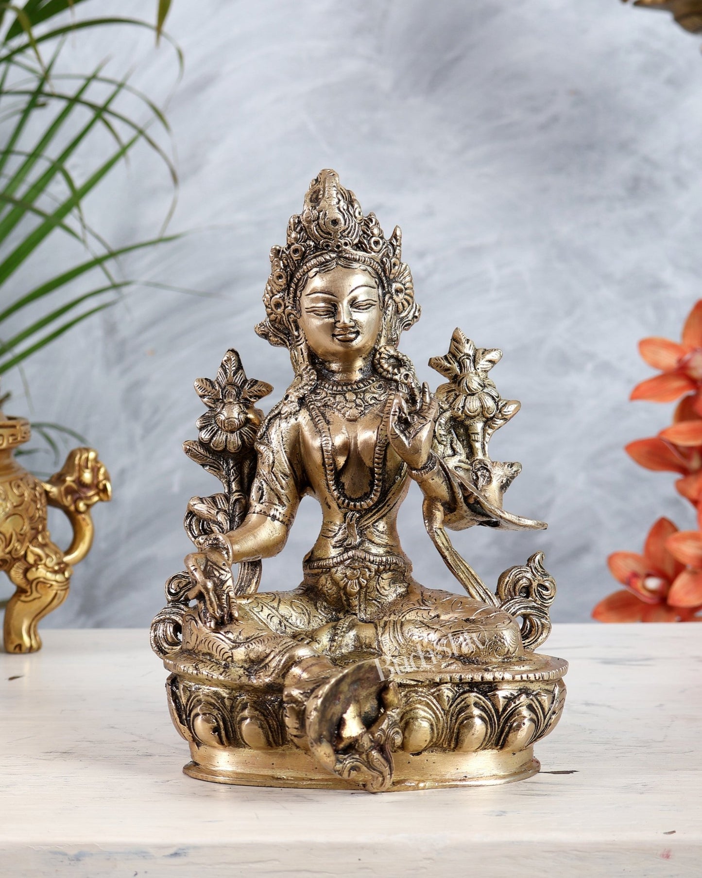 Brass Green Tara Statue | Tibetan Buddhist Compassion Goddess Sculpture 8" - Budhshiv.com