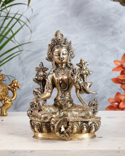 Brass Green Tara Statue | Tibetan Buddhist Compassion Goddess Sculpture 8" - Budhshiv.com