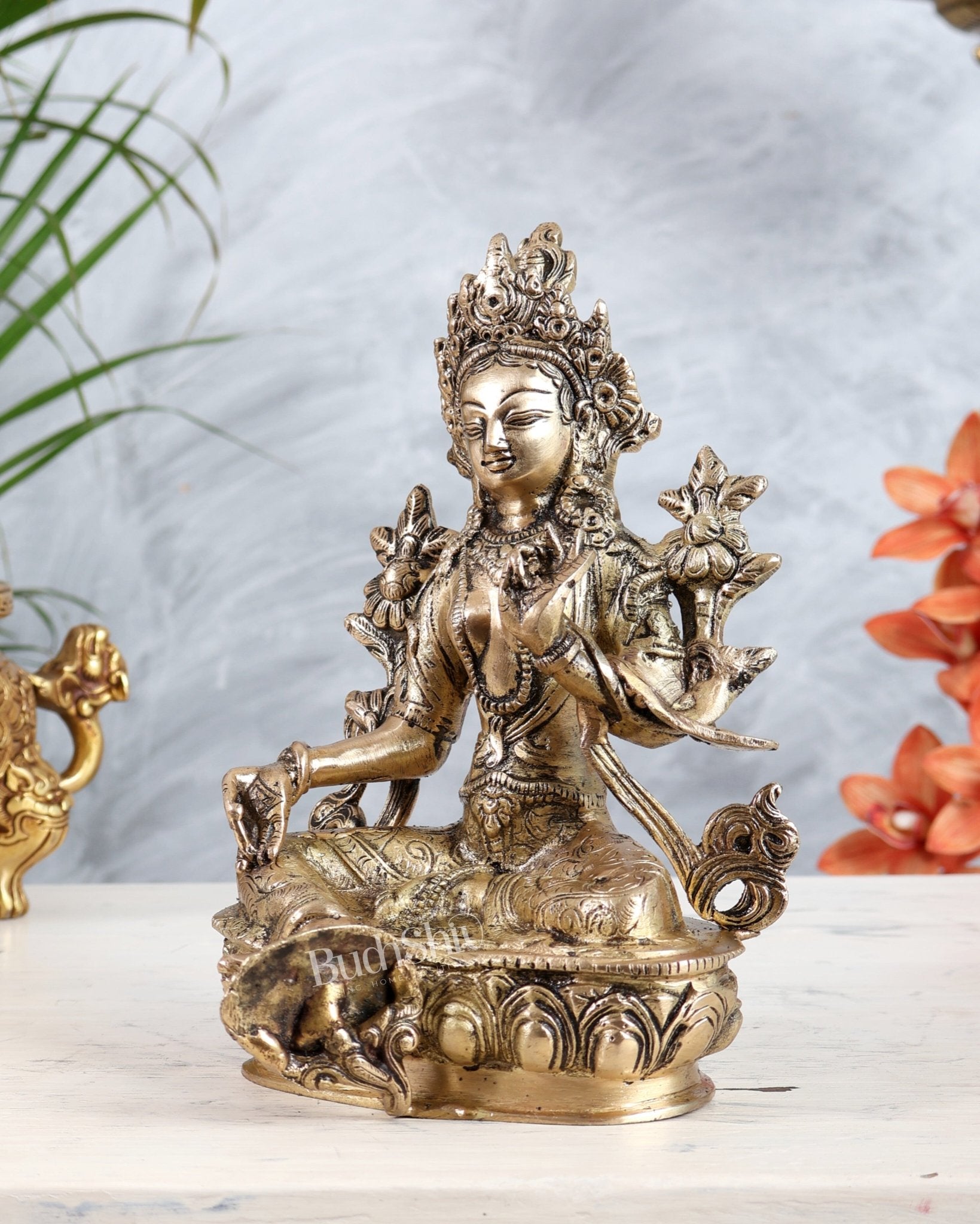 Brass Green Tara Statue | Tibetan Buddhist Compassion Goddess Sculpture 8" - Budhshiv.com