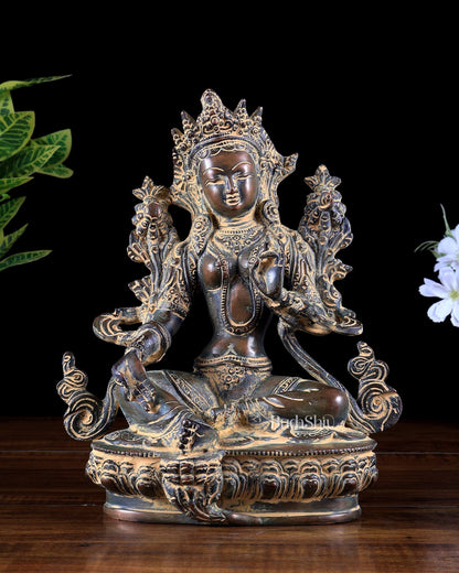 Brass Green Tara Statue – vintage patina tone 9 inch - Budhshiv.com