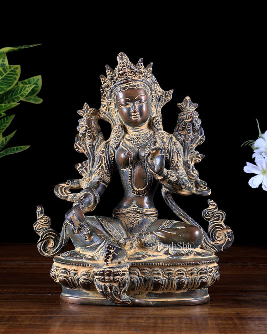 Brass Green Tara Statue – vintage patina tone 9 inch - Budhshiv.com