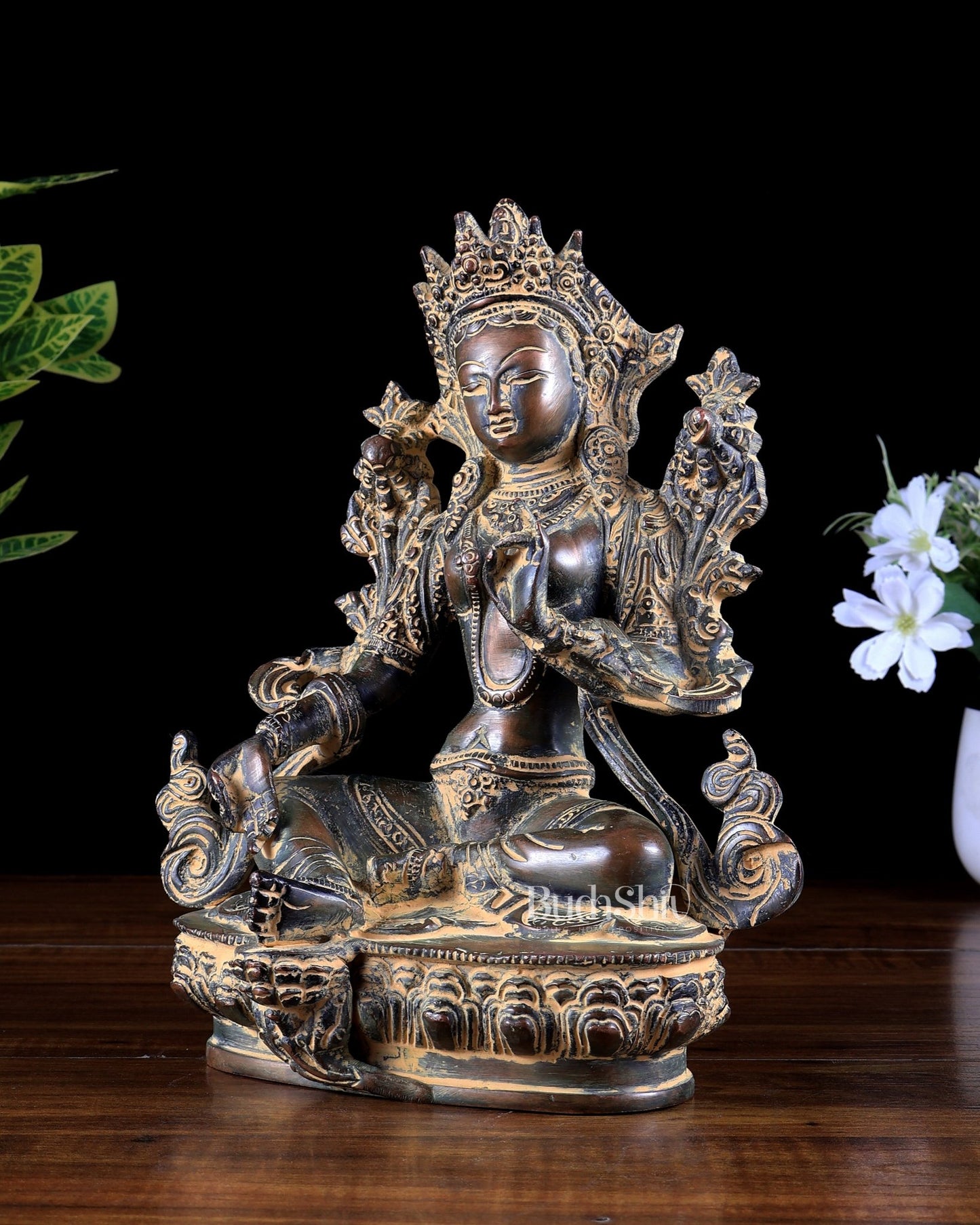 Brass Green Tara Statue – vintage patina tone 9 inch - Budhshiv.com