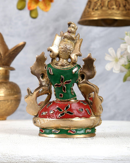 Brass Green Tara Statue with Meenakari Work – Handcrafted Buddhist Goddess Idol 6 inch - Budhshiv.com