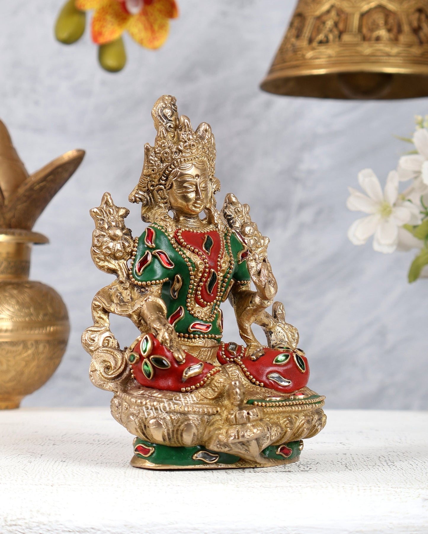 Brass Green Tara Statue with Meenakari Work – Handcrafted Buddhist Goddess Idol 6 inch - Budhshiv.com