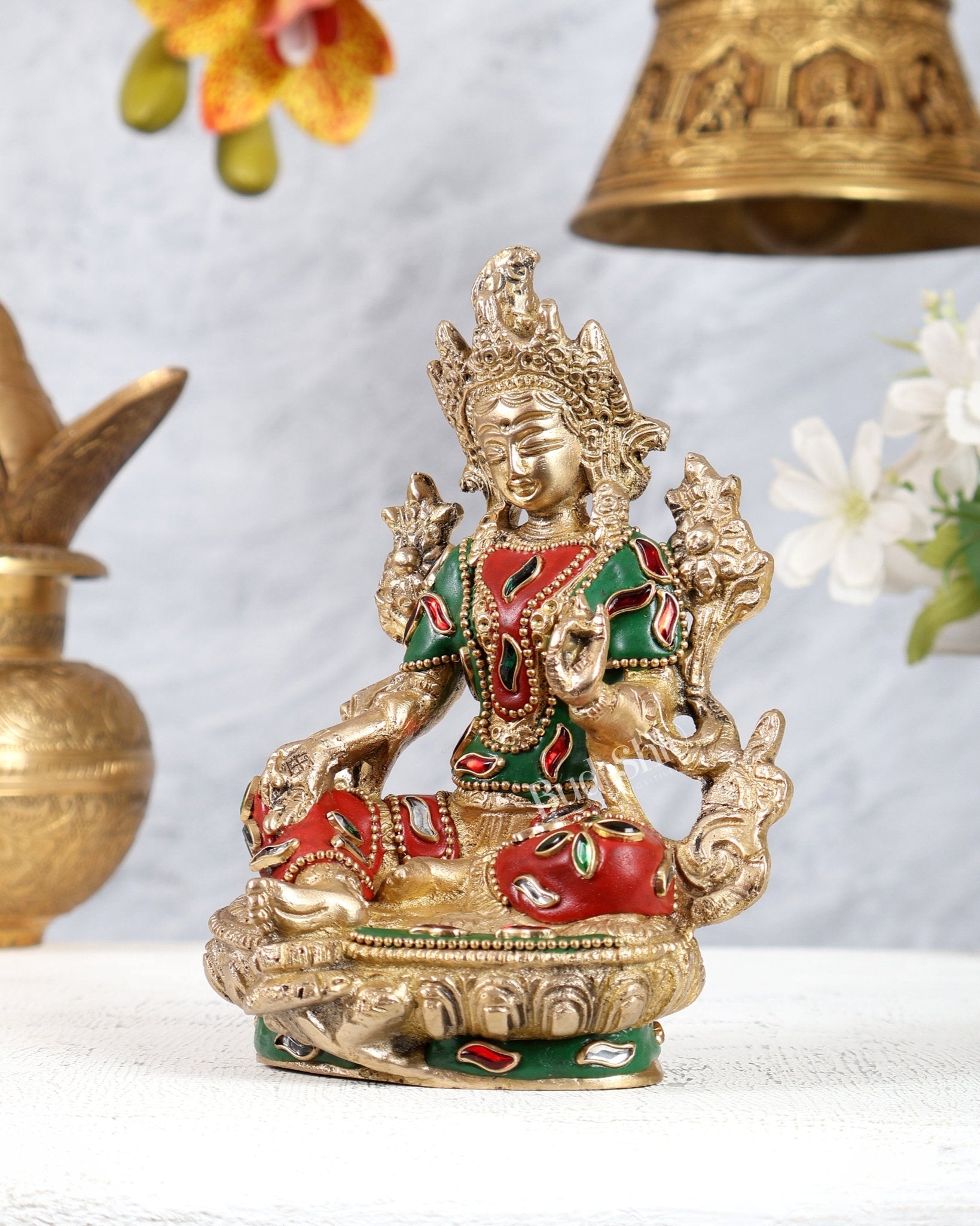 Brass Green Tara Statue with Meenakari Work – Handcrafted Buddhist Goddess Idol 6 inch - Budhshiv.com