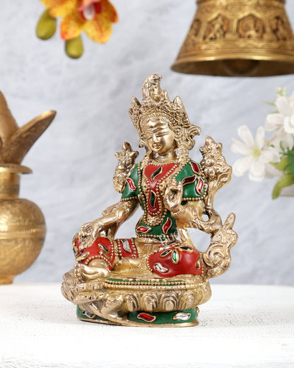 Brass Green Tara Statue with Meenakari Work – Handcrafted Buddhist Goddess Idol 6 inch - Budhshiv.com