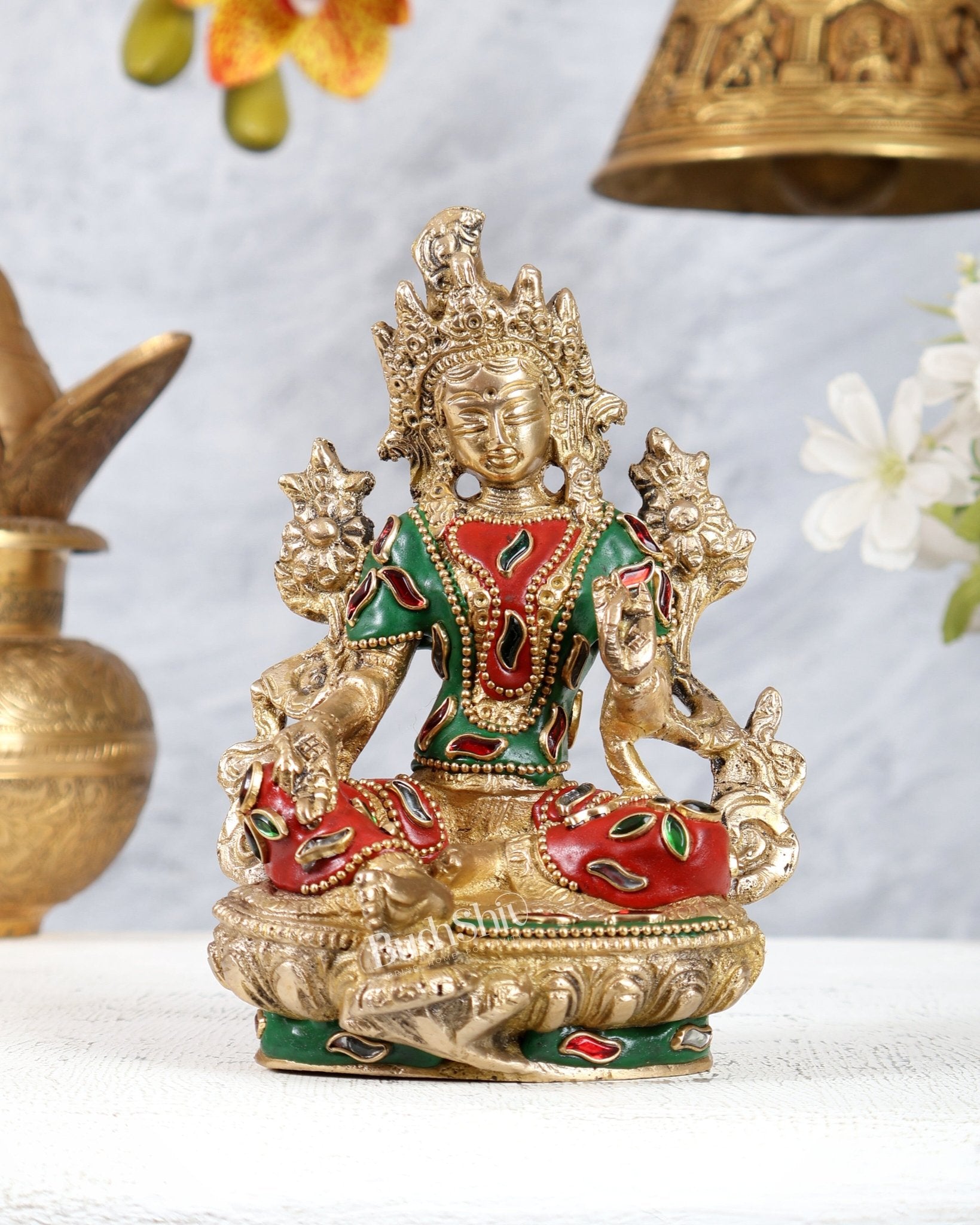 Brass Green Tara Statue with Meenakari Work – Handcrafted Buddhist Goddess Idol 6 inch - Budhshiv.com