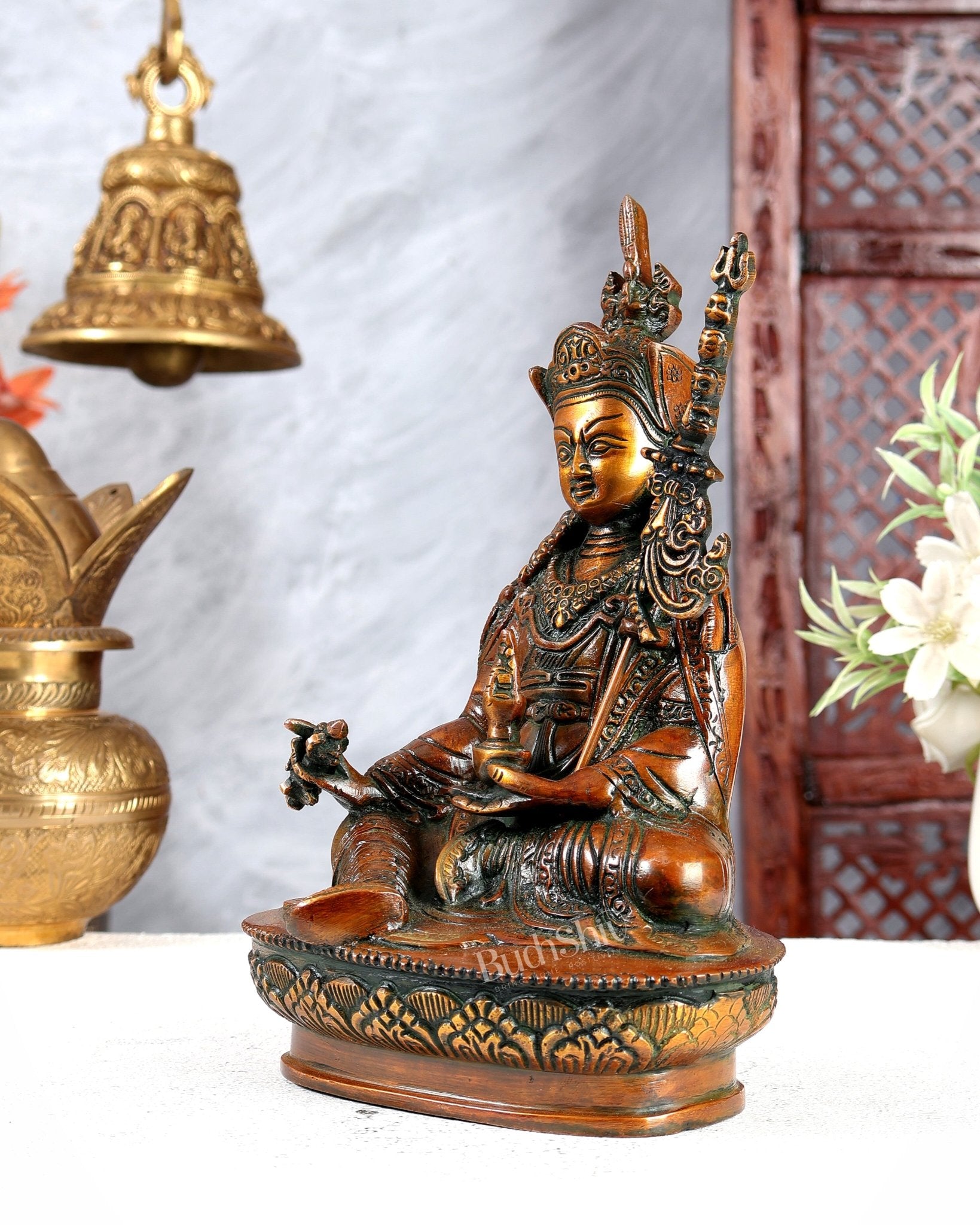 Brass Guru Rinpoche (Padmasambhava) Buddhist Guru Idol 9 inch Nepalese orange tone - Budhshiv.com