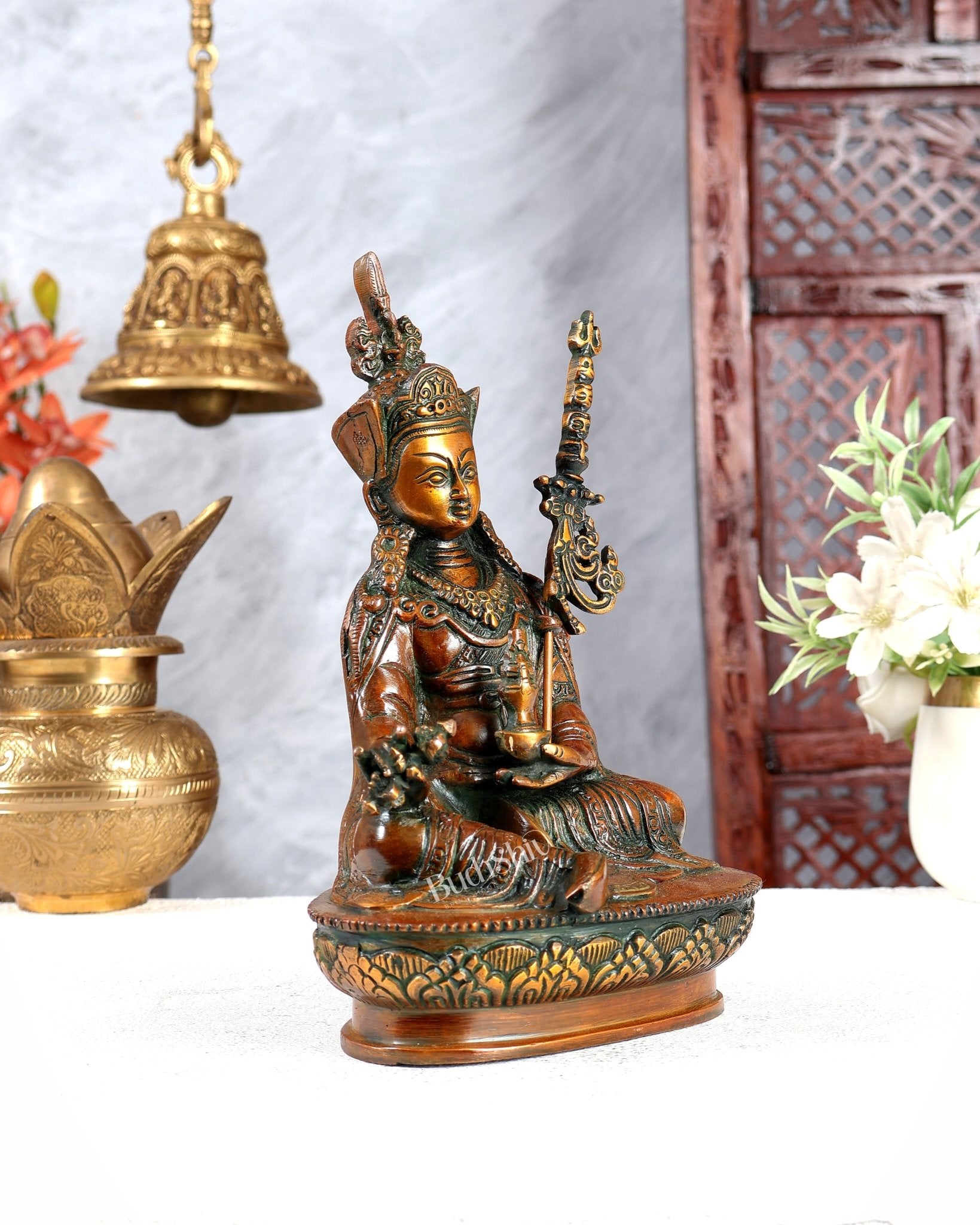 Brass Guru Rinpoche (Padmasambhava) Buddhist Guru Idol 9 inch Nepalese orange tone - Budhshiv.com