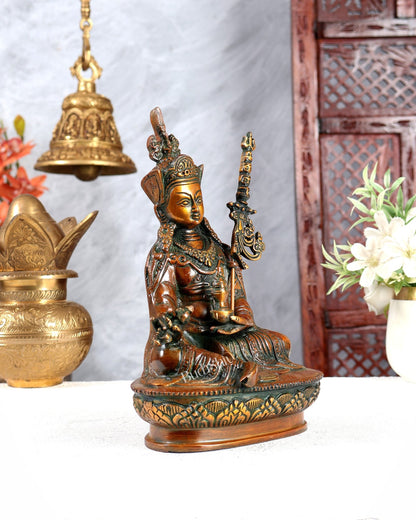 Brass Guru Rinpoche (Padmasambhava) Buddhist Guru Idol 9 inch Nepalese orange tone - Budhshiv.com