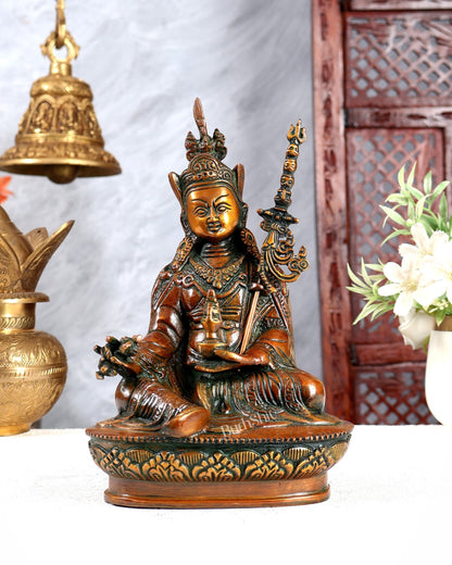 Brass Guru Rinpoche (Padmasambhava) Buddhist Guru Idol 9 inch Nepalese orange tone - Budhshiv.com