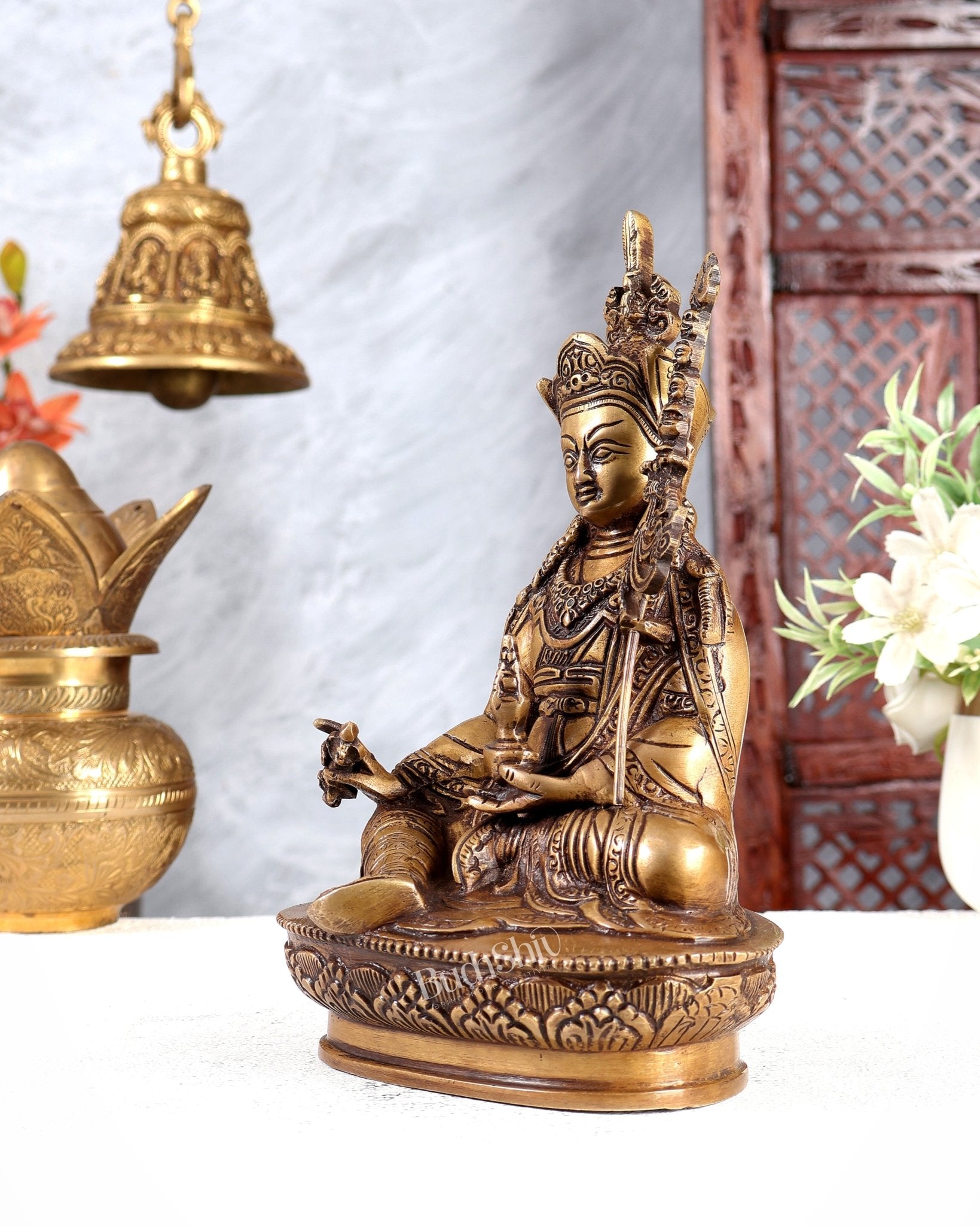 Brass Guru Rinpoche (Padmasambhava) Buddhist Guru Idol 9 inch - Budhshiv.com