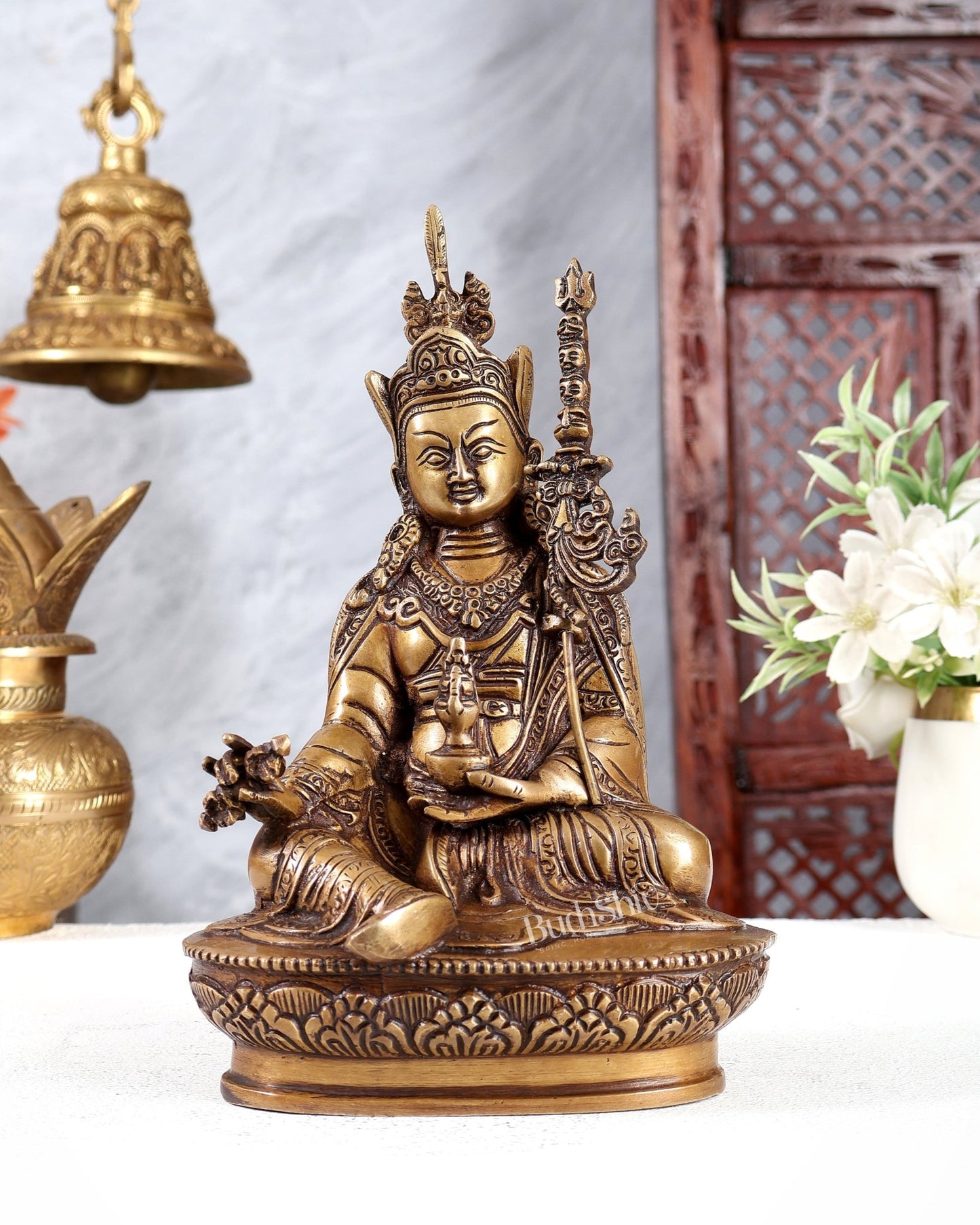 Brass Guru Rinpoche (Padmasambhava) Buddhist Guru Idol 9 inch - Budhshiv.com