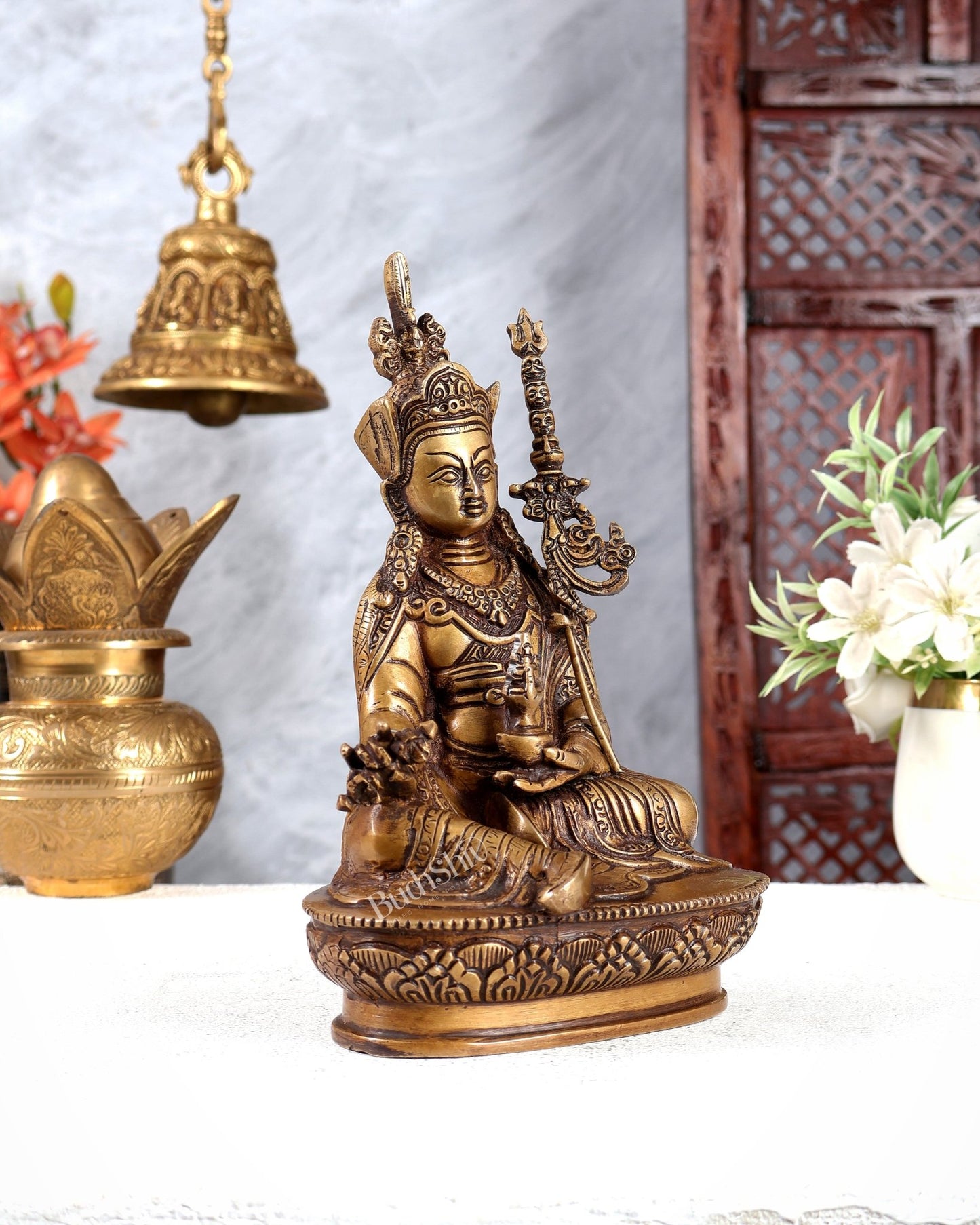 Brass Guru Rinpoche (Padmasambhava) Buddhist Guru Idol 9 inch - Budhshiv.com