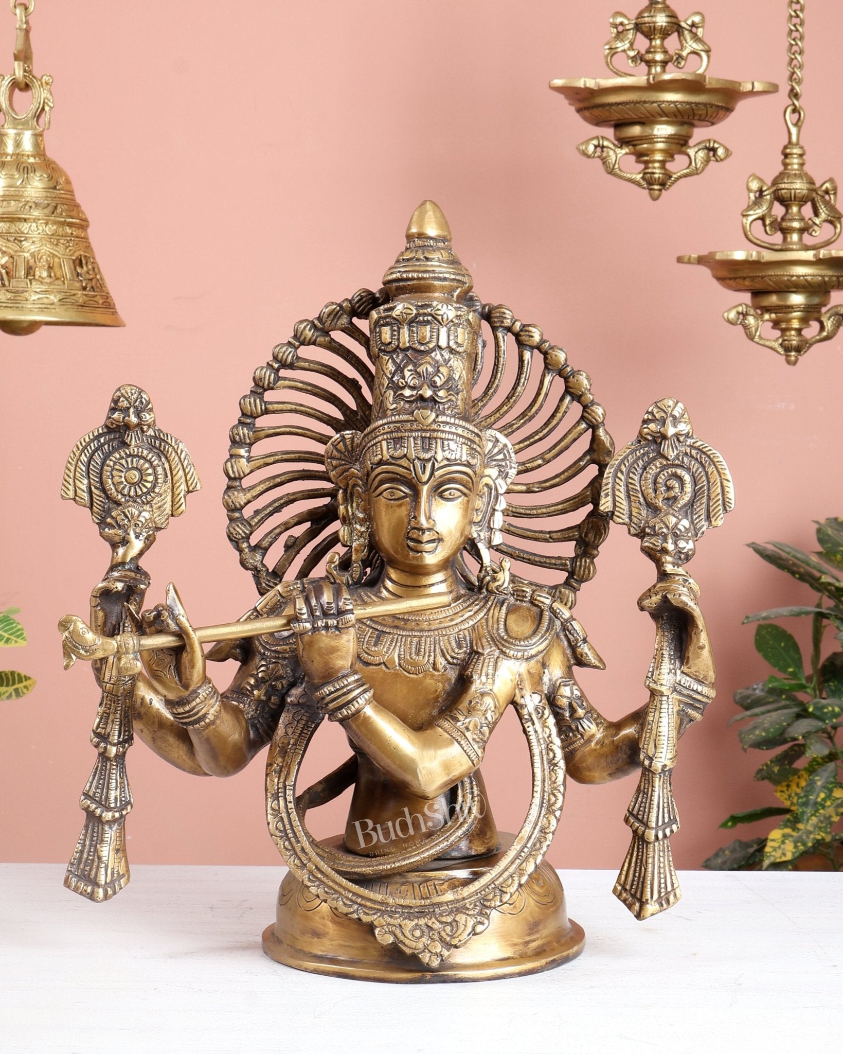 Brass Half Body Lord Krishna Bust butter finish - 13.5 - Budhshiv.com