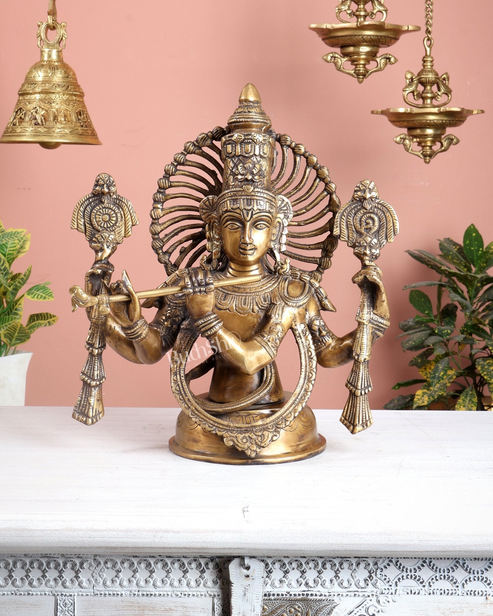 Brass Half Body Lord Krishna Bust butter finish - 13.5 - Budhshiv.com