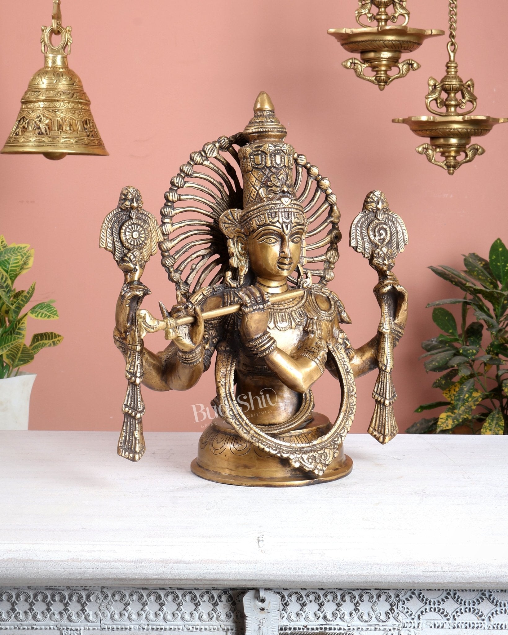 Brass Half Body Lord Krishna Bust butter finish - 13.5 - Budhshiv.com