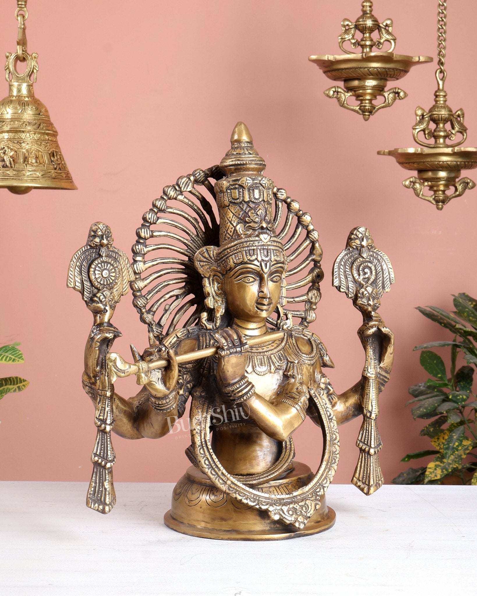 Brass Half Body Lord Krishna Bust butter finish - 13.5 - Budhshiv.com