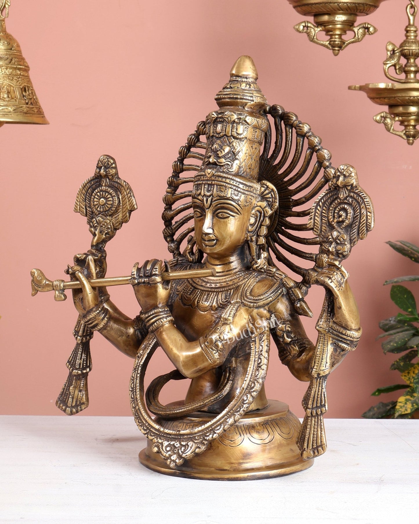 Brass Half Body Lord Krishna Bust butter finish - 13.5 - Budhshiv.com