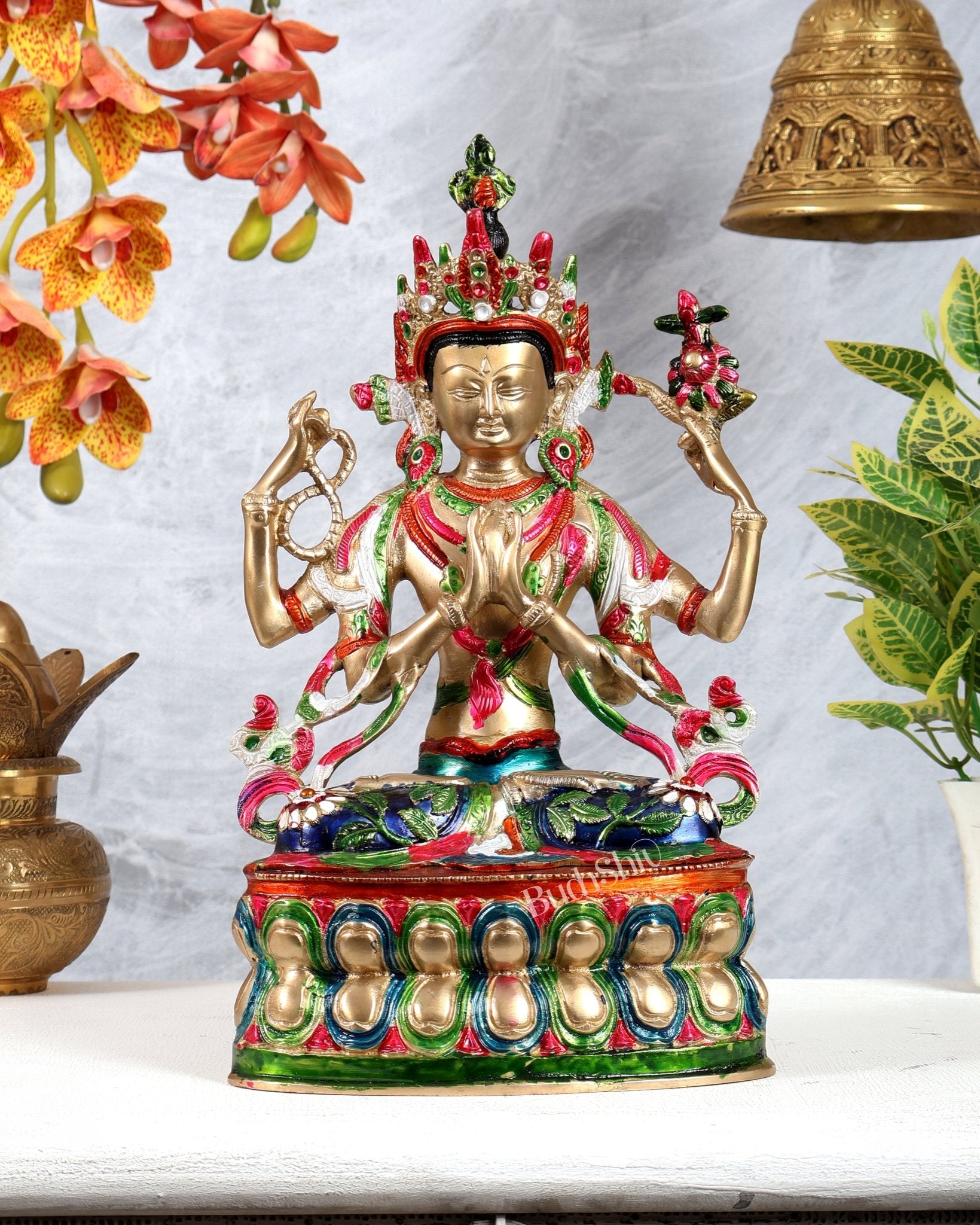 Brass Hand - Painted Pranamasana Tara Statue – Divine Buddhist Goddess Sculpture (14 Inches) - Budhshiv.com