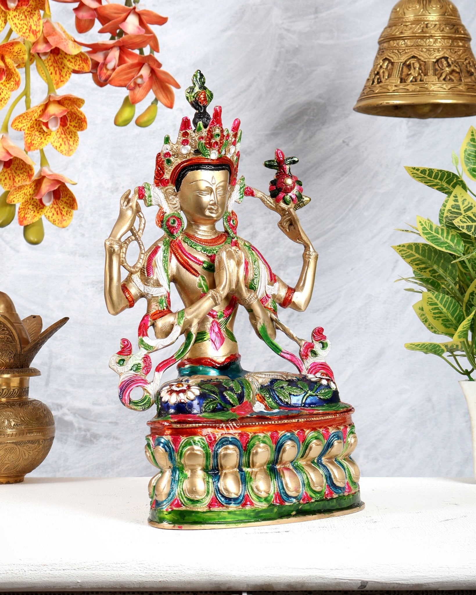 Brass Hand - Painted Pranamasana Tara Statue – Divine Buddhist Goddess Sculpture (14 Inches) - Budhshiv.com