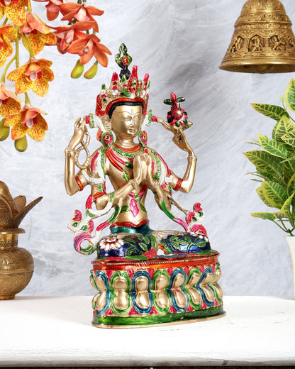 Brass Hand - Painted Pranamasana Tara Statue – Divine Buddhist Goddess Sculpture (14 Inches) - Budhshiv.com