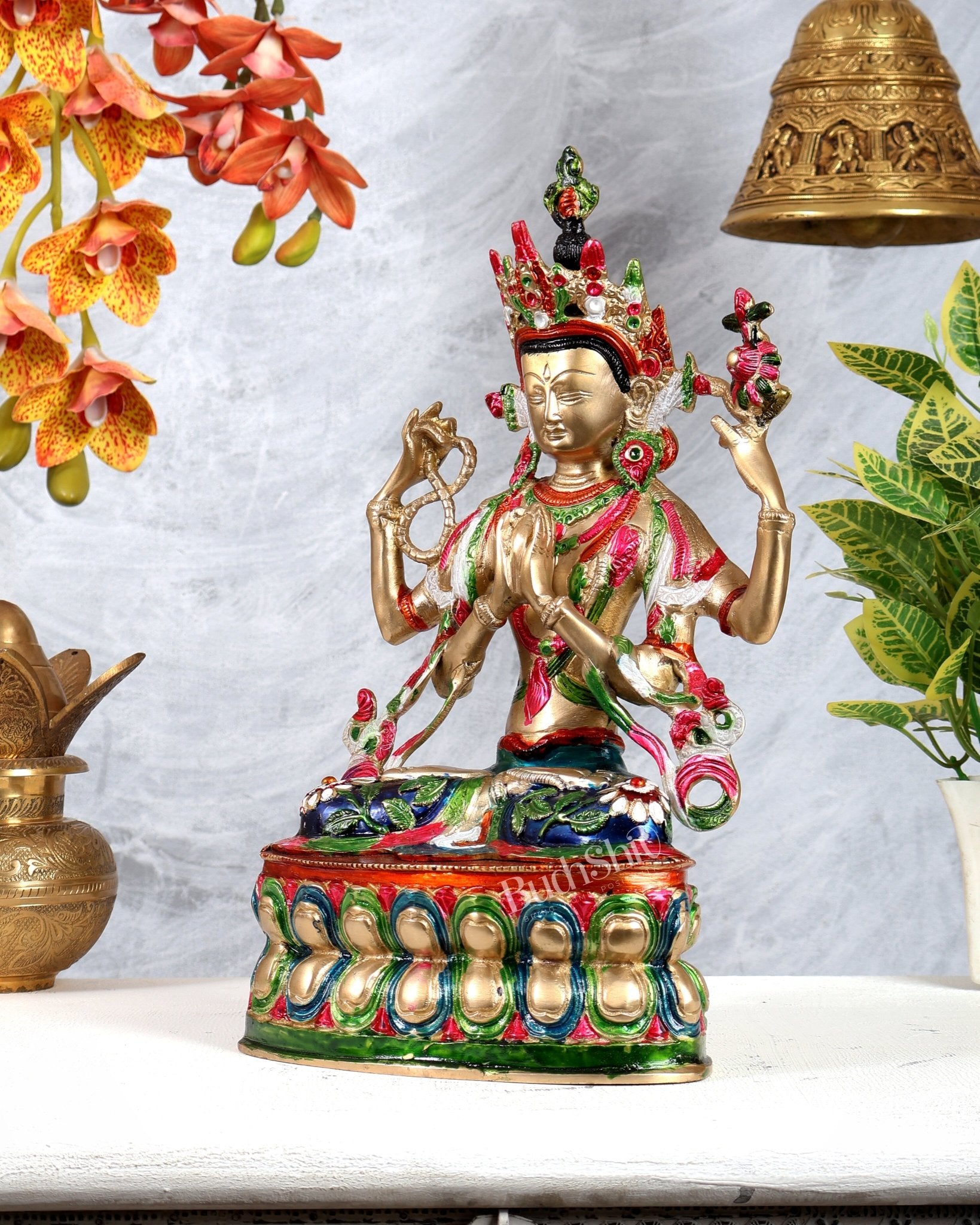 Brass Hand - Painted Pranamasana Tara Statue – Divine Buddhist Goddess Sculpture (14 Inches) - Budhshiv.com