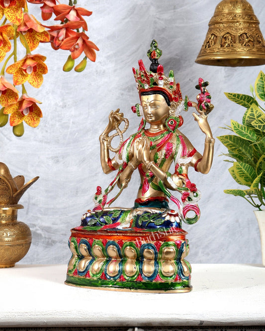 Brass Hand - Painted Pranamasana Tara Statue – Divine Buddhist Goddess Sculpture (14 Inches) - Budhshiv.com
