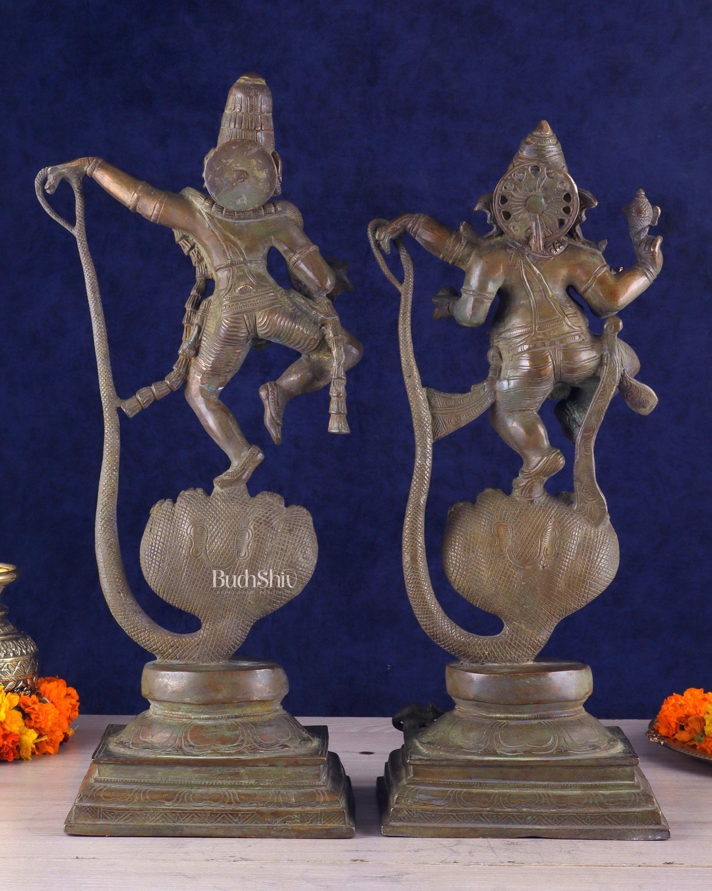 Brass Handcrafted Antique Bronze Finish Idols – Krishna and Ganesha Dancing on Vasuki Naag 20" - Budhshiv.com