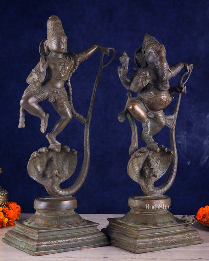 Brass Handcrafted Antique Bronze Finish Idols – Krishna and Ganesha Dancing on Vasuki Naag 20" - Budhshiv.com