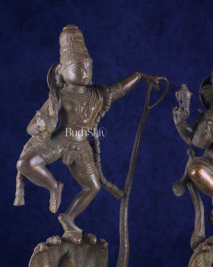 Brass Handcrafted Antique Bronze Finish Idols – Krishna and Ganesha Dancing on Vasuki Naag 20" - Budhshiv.com