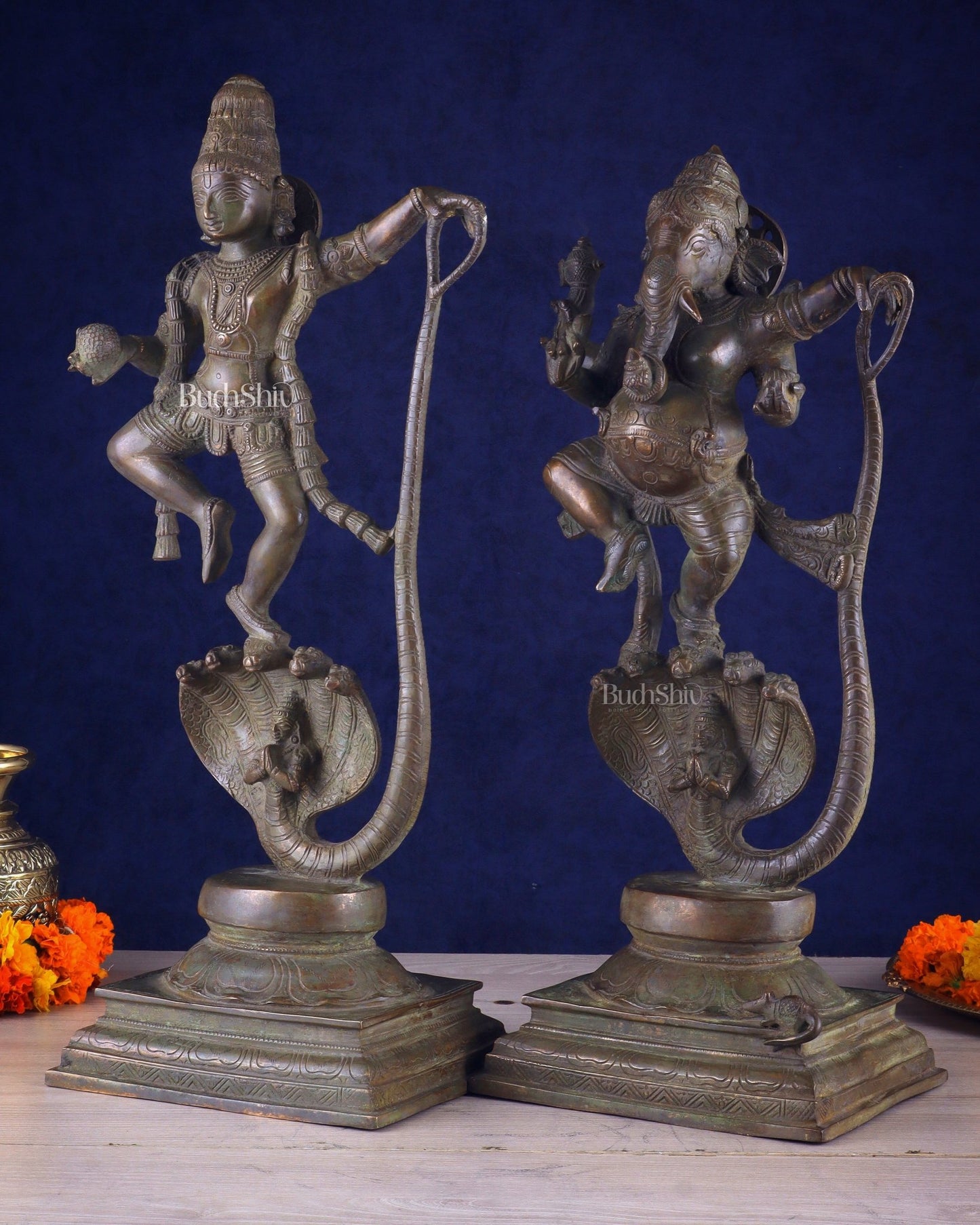 Brass Handcrafted Antique Bronze Finish Idols – Krishna and Ganesha Dancing on Vasuki Naag 20" - Budhshiv.com