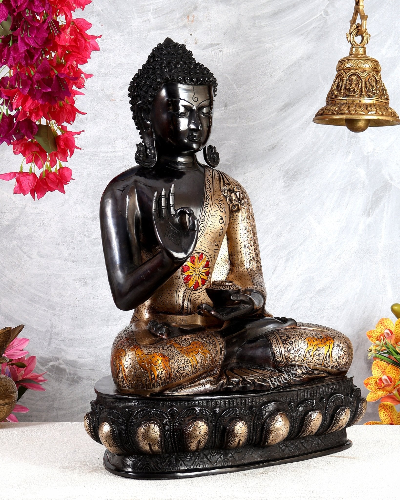 Brass Handcrafted Buddha Statue in Black Tone with Mandala, Mantra & Deer Motifs – Grand Meditation Sculpture (23 Inches) - Budhshiv.com