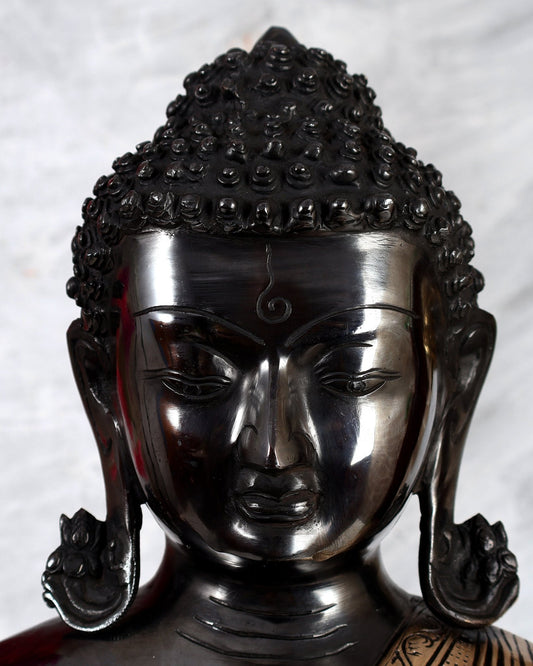Brass Handcrafted Buddha Statue in Black Tone with Mandala, Mantra & Deer Motifs – Grand Meditation Sculpture (23 Inches) - Budhshiv.com
