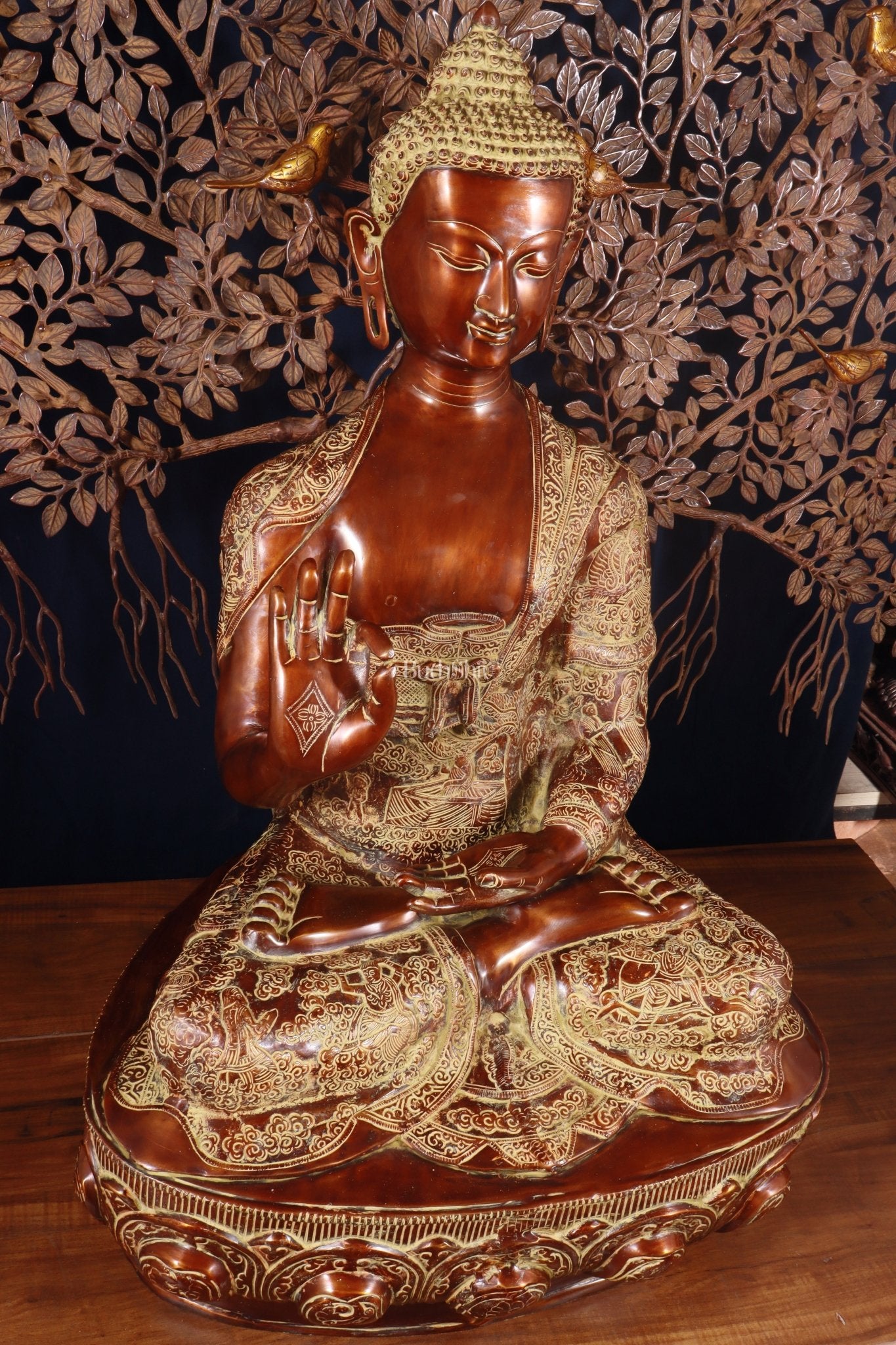 Brass Handcrafted Buddha Statue with Bodhi tree 43" copper and sand finish - Budhshiv.com