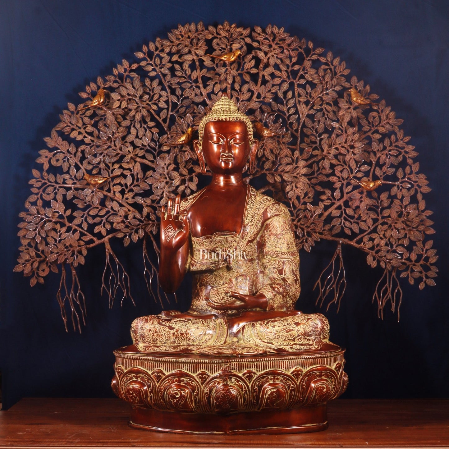 Brass Handcrafted Buddha Statue with Bodhi tree 43" copper and sand finish - Budhshiv.com