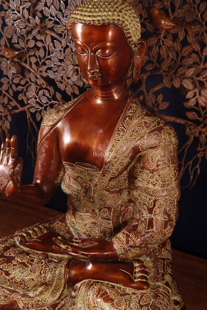 Brass Handcrafted Buddha Statue with Bodhi tree 43" copper and sand finish - Budhshiv.com