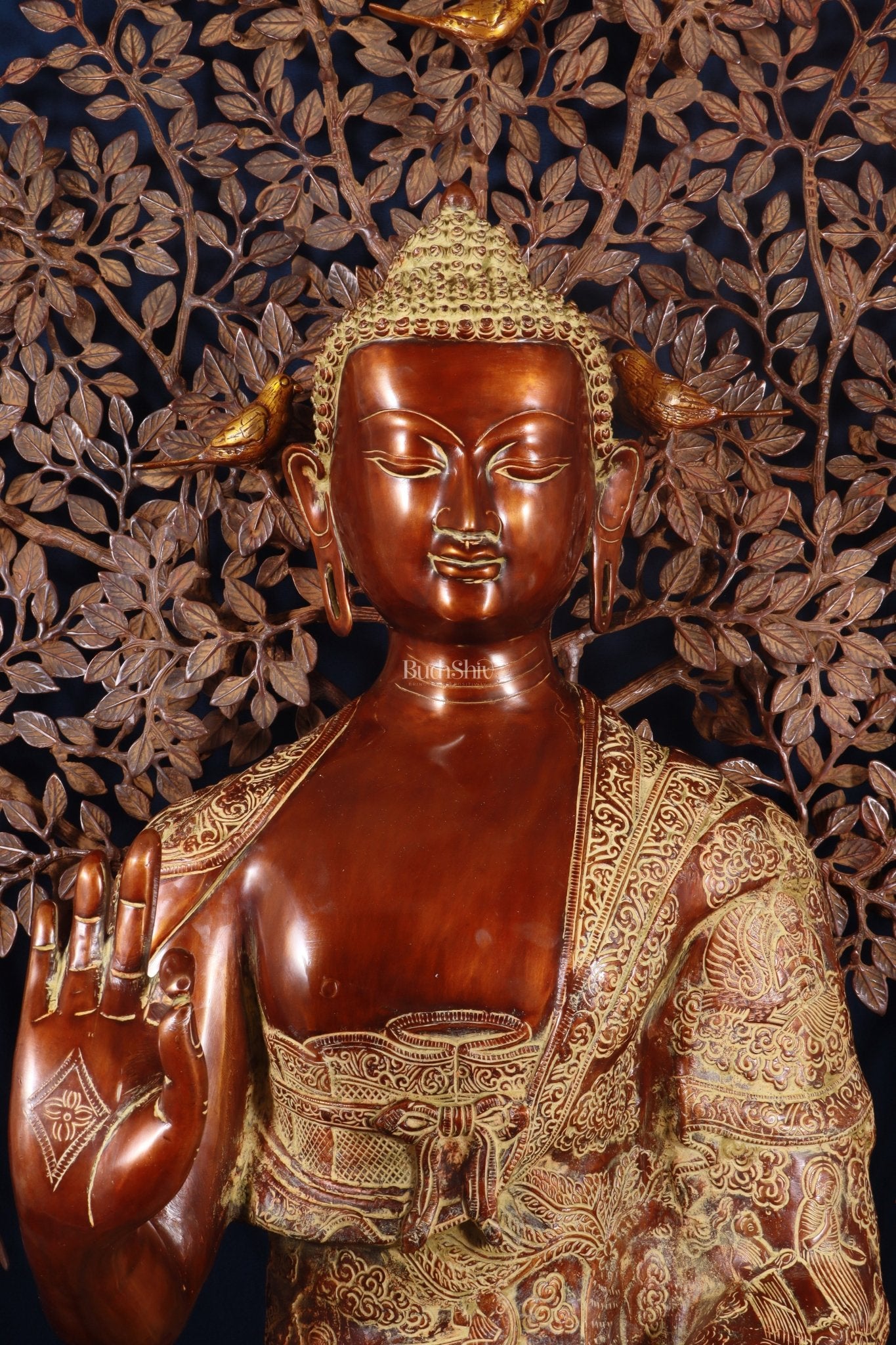 Brass Handcrafted Buddha Statue with Bodhi tree 43" copper and sand finish - Budhshiv.com