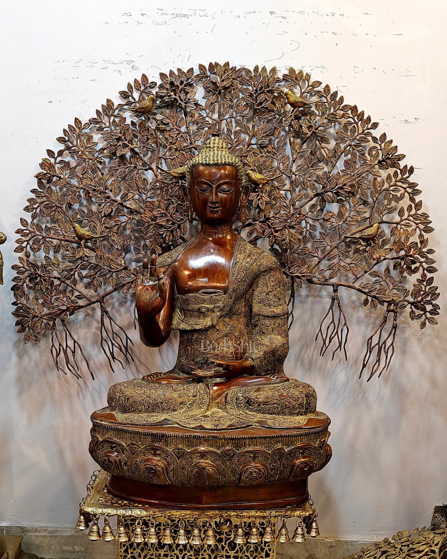 Brass Handcrafted Buddha Statue with Bodhi tree 43" - Budhshiv.com