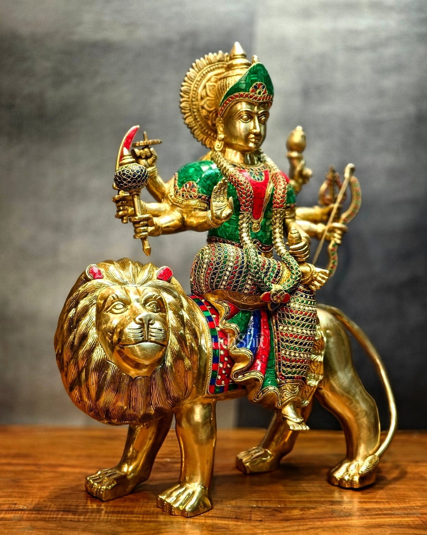Brass Handcrafted Durga Ashtabhuja Statue – 24 Inches, Meenakari Stonework - Budhshiv.com