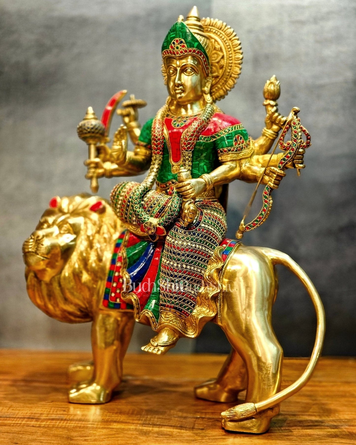 Brass Handcrafted Durga Ashtabhuja Statue – 24 Inches, Meenakari Stonework - Budhshiv.com