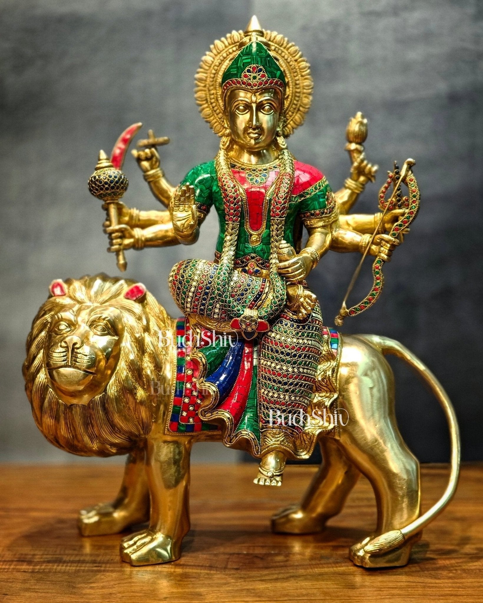 Brass Handcrafted Durga Ashtabhuja Statue – 24 Inches, Meenakari Stonework - Budhshiv.com