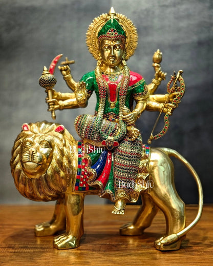 Brass Handcrafted Durga Ashtabhuja Statue – 24 Inches, Meenakari Stonework - Budhshiv.com