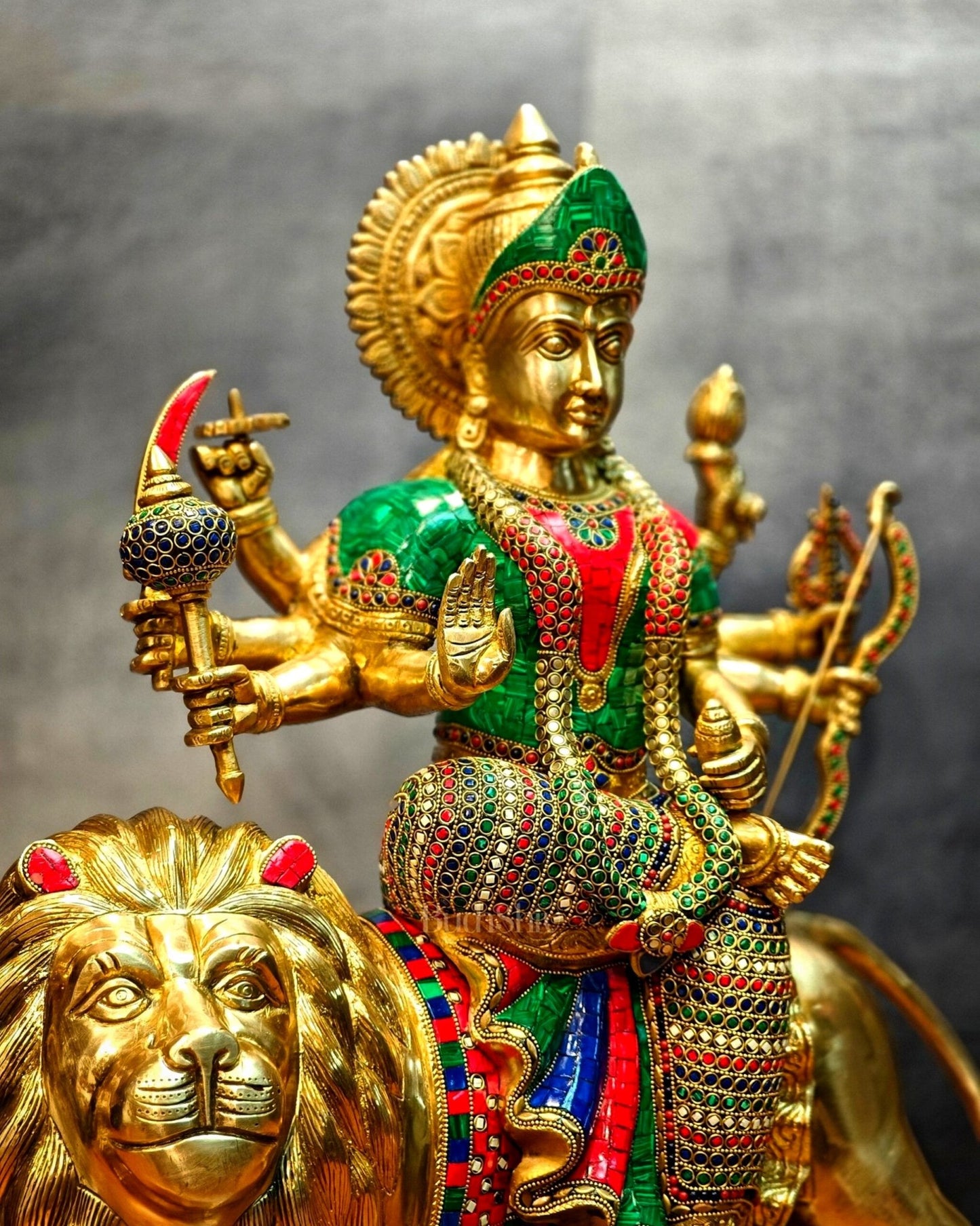 Brass Handcrafted Durga Ashtabhuja Statue – 24 Inches, Meenakari Stonework - Budhshiv.com