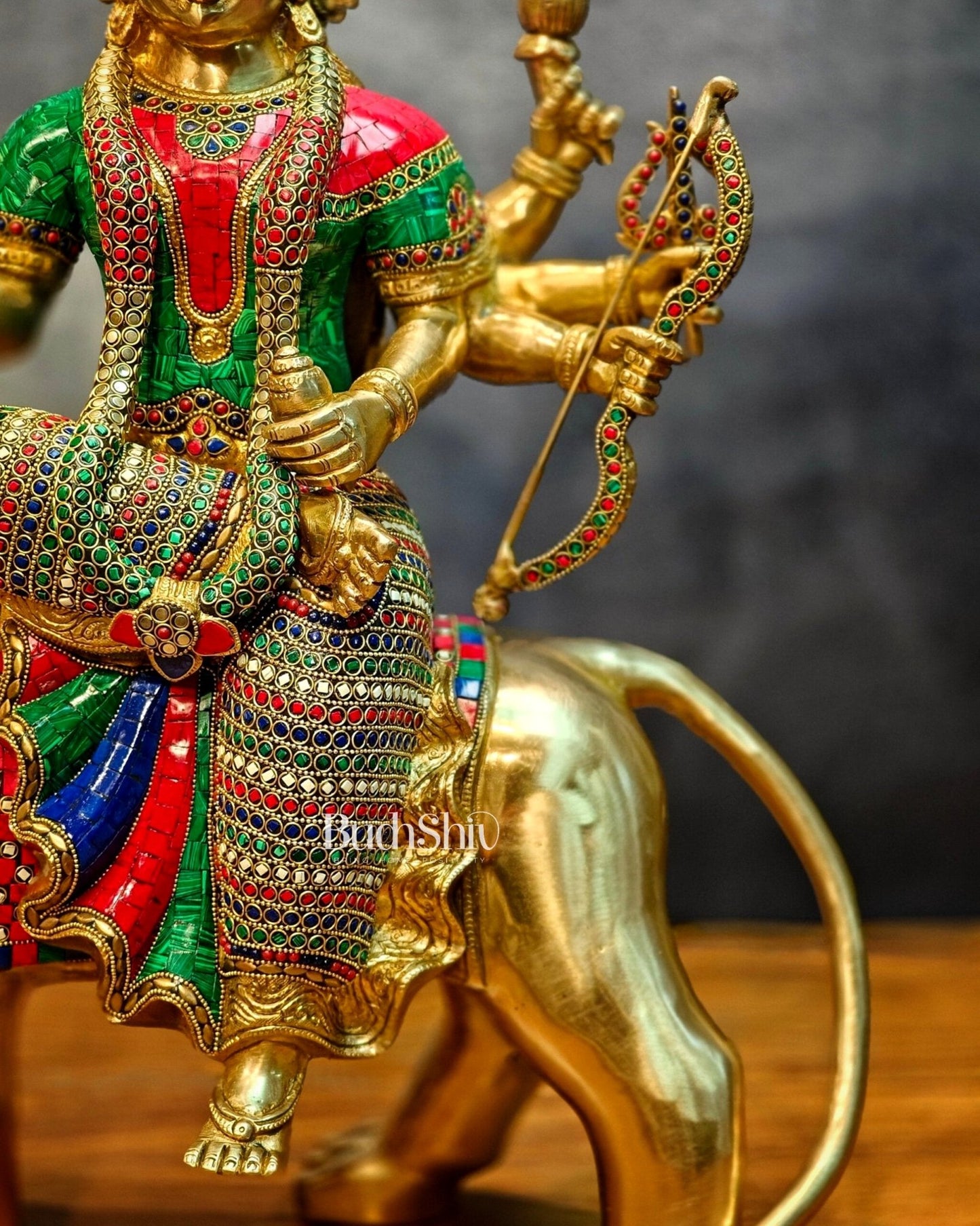 Brass Handcrafted Durga Ashtabhuja Statue – 24 Inches, Meenakari Stonework - Budhshiv.com