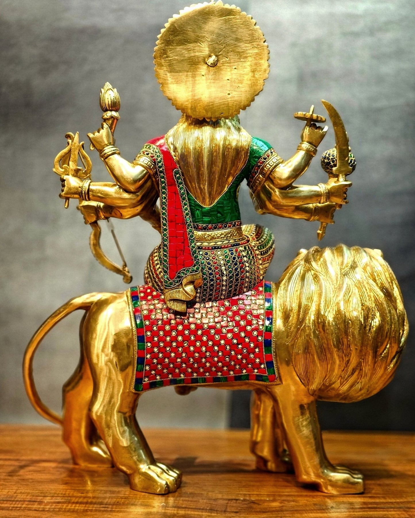 Brass Handcrafted Durga Ashtabhuja Statue – 24 Inches, Meenakari Stonework - Budhshiv.com