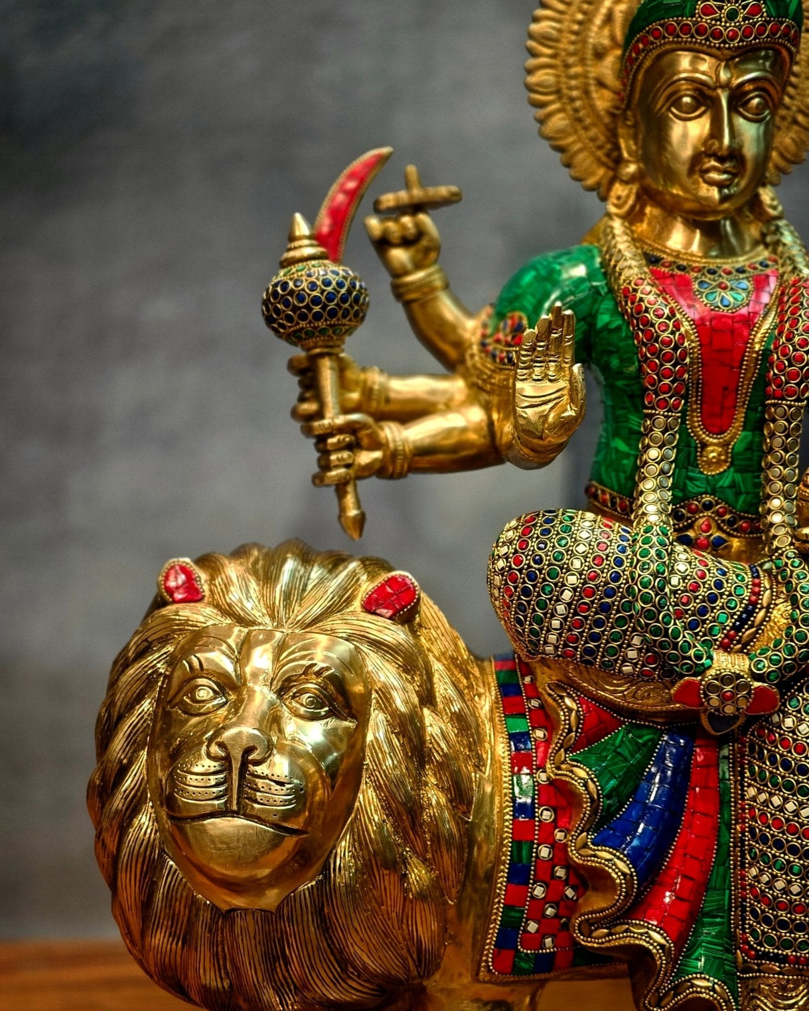 Brass Handcrafted Durga Ashtabhuja Statue – 24 Inches, Meenakari Stonework - Budhshiv.com