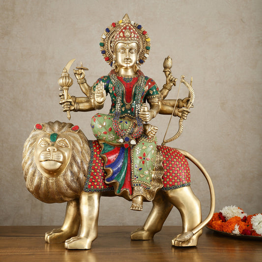 Brass Handcrafted Durga ma ambe Statue – 24 Inches, Meenakari Stonework - Budhshiv.com