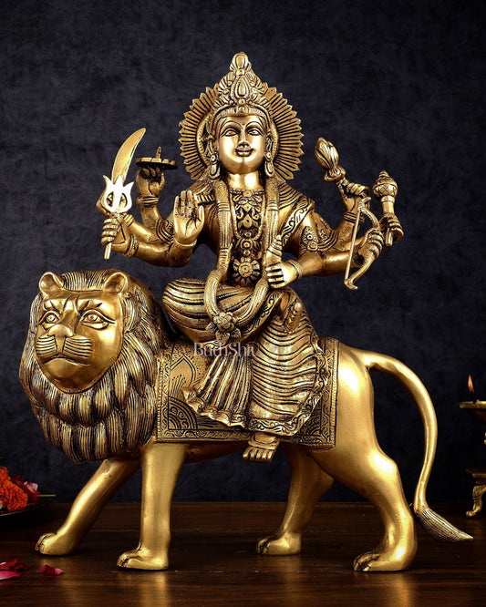 Brass Handcrafted Goddess Durga Statue – 17 Inches, Intricate Sherawali Mata Murti - Budhshiv.com