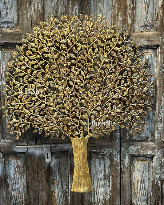 Brass Handcrafted Kalpavriksha Tree Wall Hanging - Superfine Brass 33" - Budhshiv.com